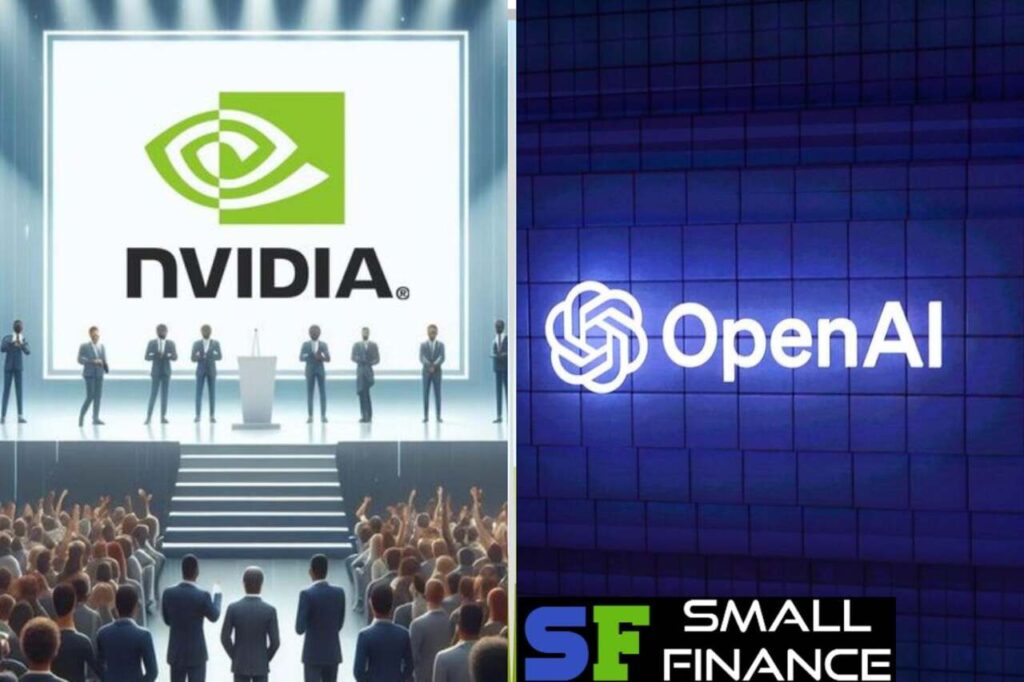 Split image showing Nvidia executives on stage with Nvidia logo, and OpenAI logo on a blue digital wall.
