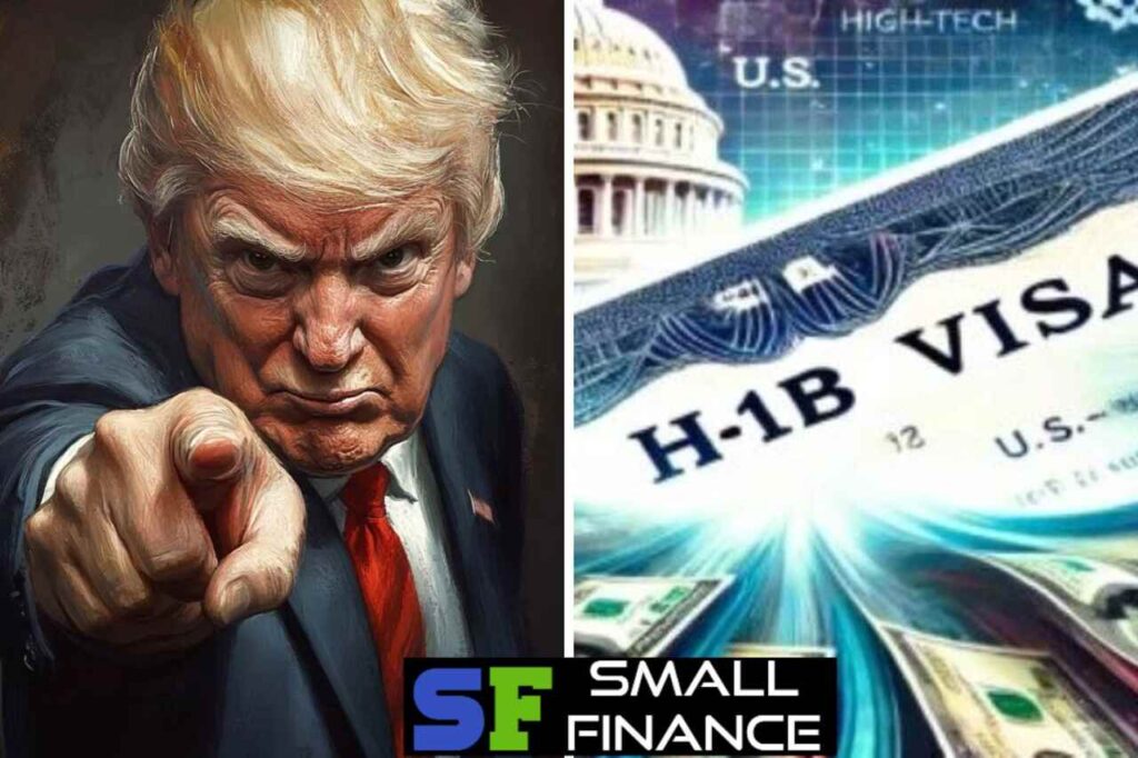 Trump pointing directly forward next to an H-1B visa image with dollar bills and the U.S. Capitol in the background.