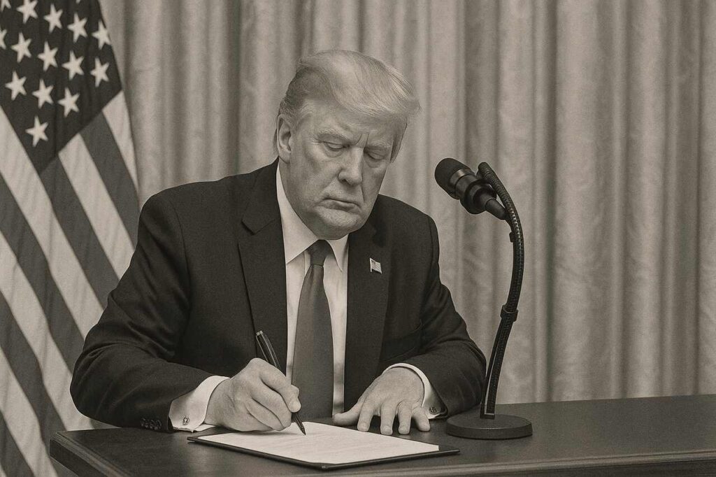 Trump signing executive order at desk.