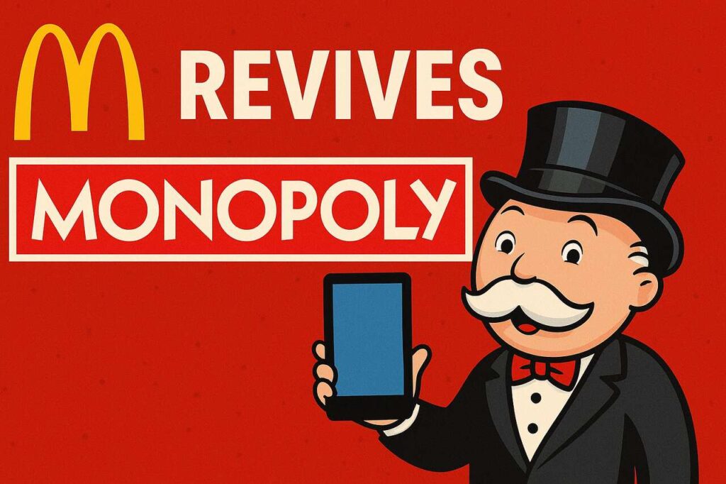 McDonald’s Monopoly promotional image with Rich Uncle Pennybags holding a tablet on a red background.