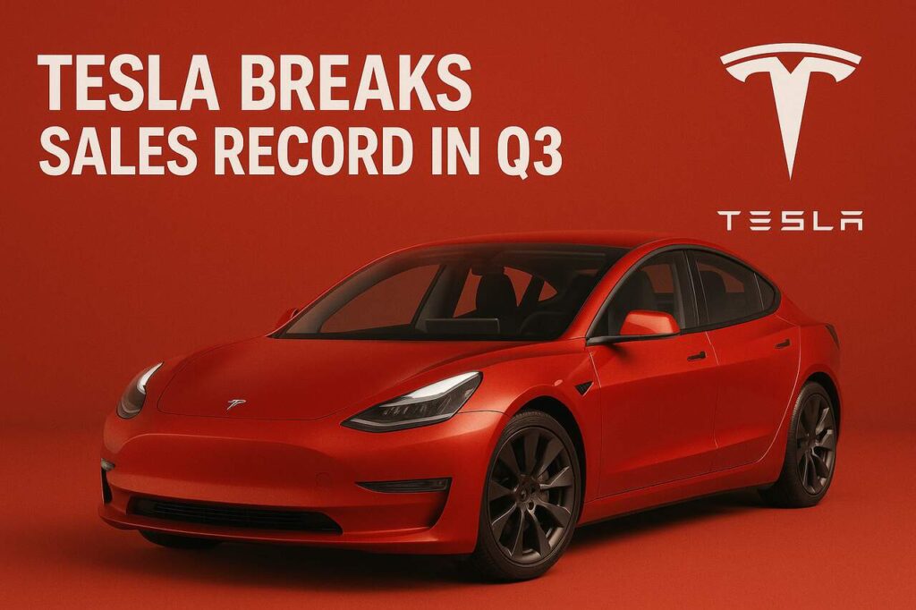 Tesla Model 3 with Q3 sales record headline on red background.