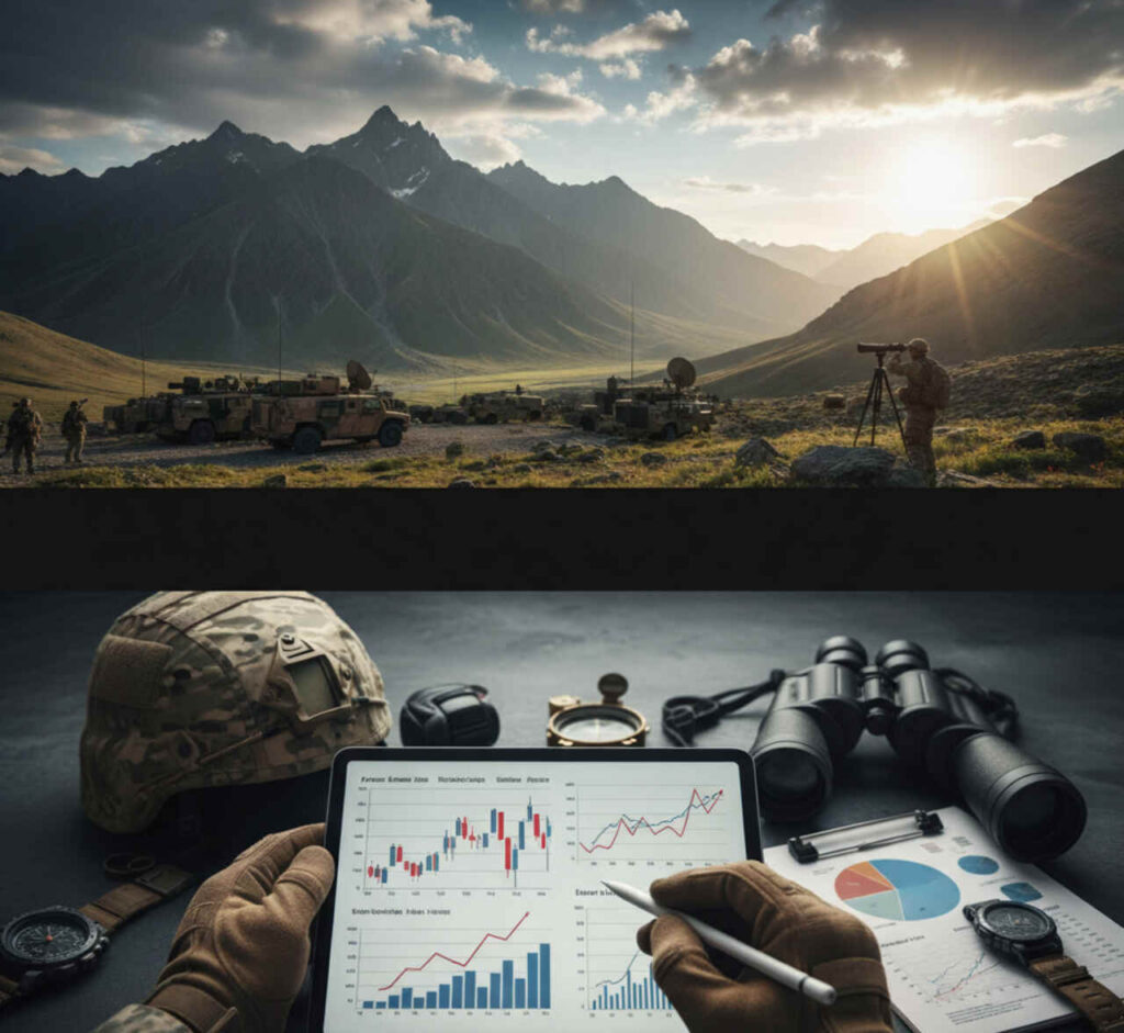 A military operations scene showing soldiers and vehicles in a mountainous landscape, with a person using binoculars for surveillance. In the foreground, there is a close-up shot of military gear, including a helmet, watch, and tablet displaying business graphs.