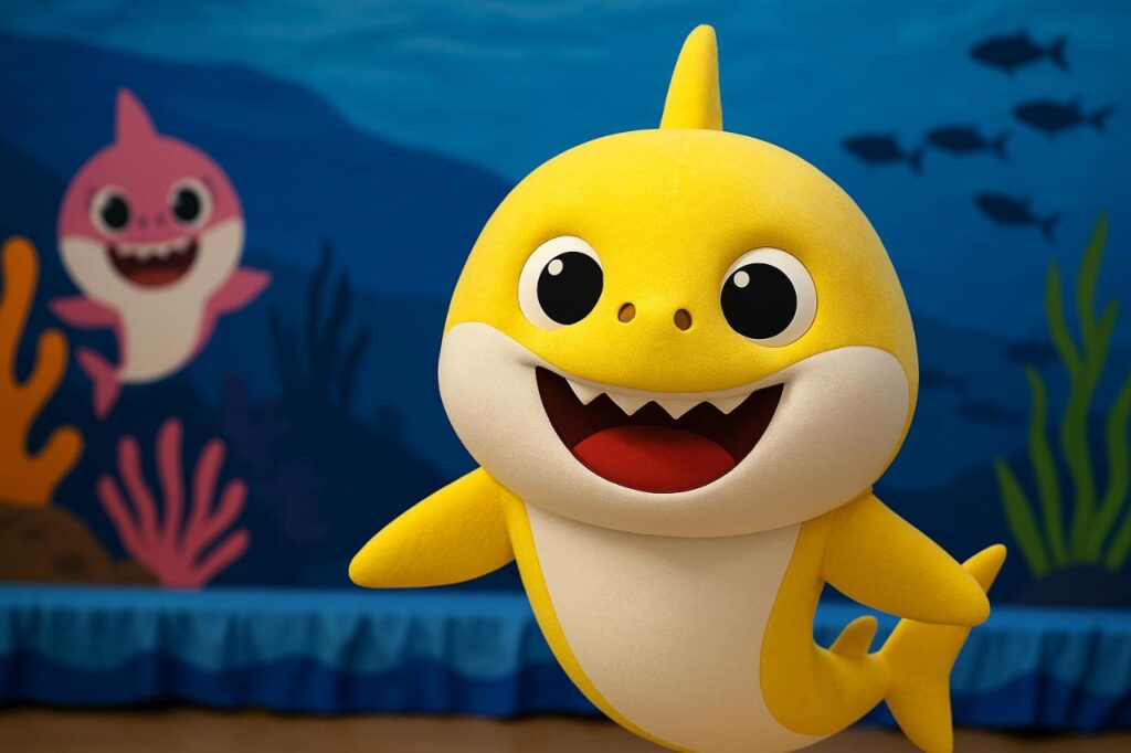 Baby Shark plush toy in ocean-themed children’s setting