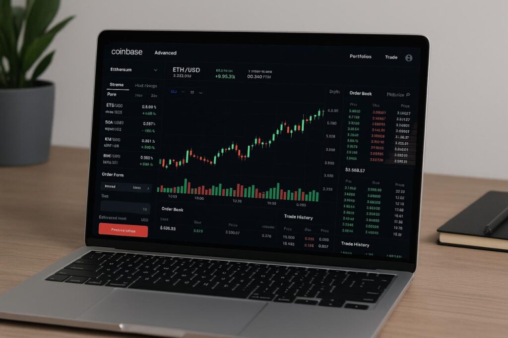 Coinbase Advanced trade dashboard on laptop screen