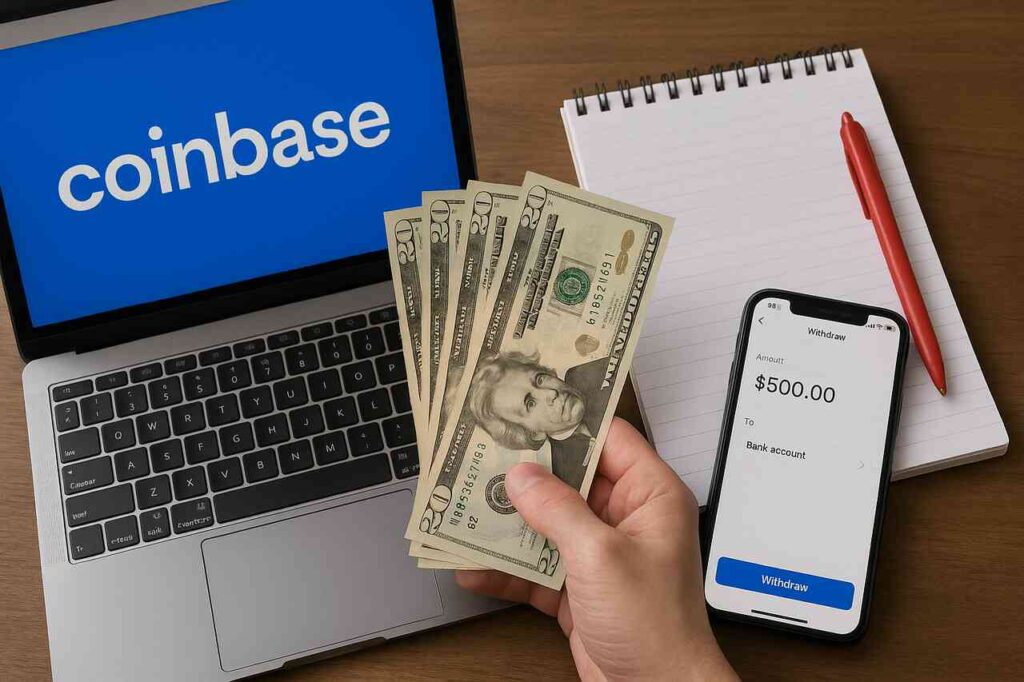 How to Withdraw Money from Coinbase the Right Way: Fees, Limits & Fastest Methods Hand holding cash near Coinbase laptop and smartphone showing withdrawal.