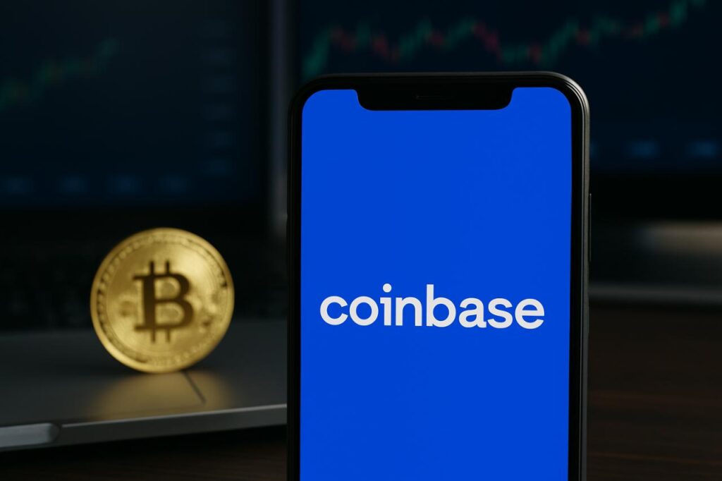 Coinbase app on phone with Bitcoin and financial charts in background.