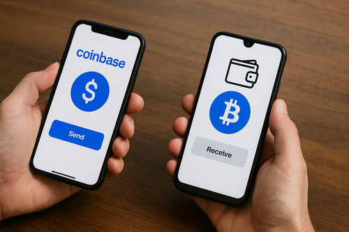A realistic landscape image showing a cryptocurrency transfer setup with phones displaying a Coinbase send screen and an external wallet receive screen on a wooden table.