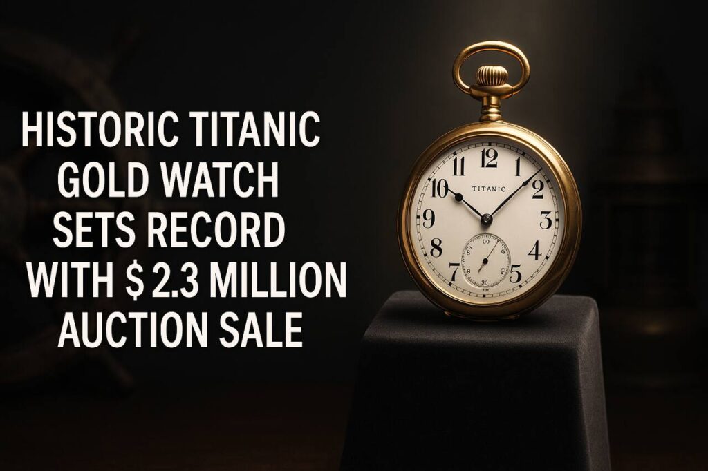 Titanic gold pocket watch on auction stand with vintage maritime background.