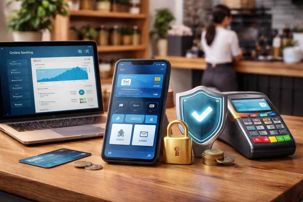 Future of Small Business Payments: Digital Wallets, Online Banking, and Fraud Prevention Strategies Small business digital payment tools with security icons