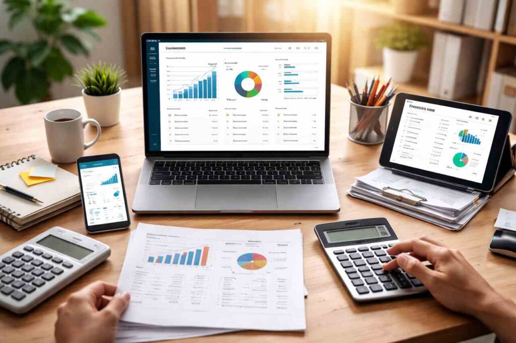 Accounting dashboard on multiple devices in a modern office setting.