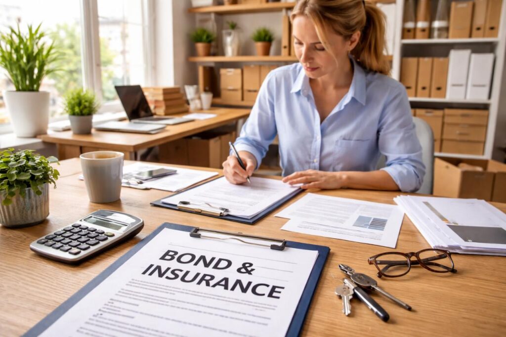 Businesswoman signing bonding and insurance paperwork