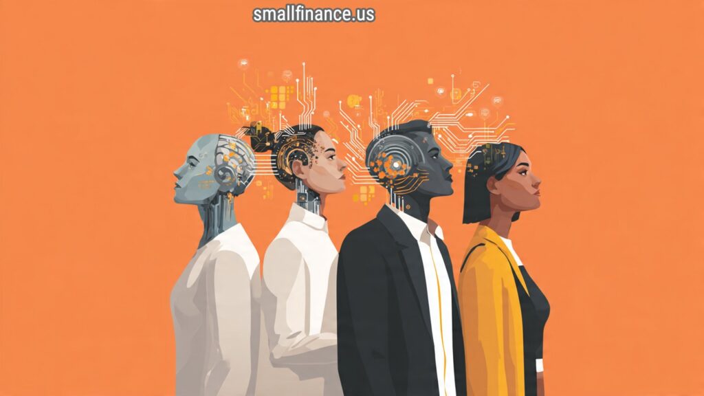 Human and AI hybrid workers standing side by side, symbolizing collaboration and role transformation in the workplace.