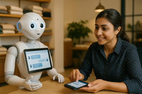 Woman interacting with a friendly humanoid robot in a small business setting, using a tablet and smiling during an AI-powered customer service demonstration.