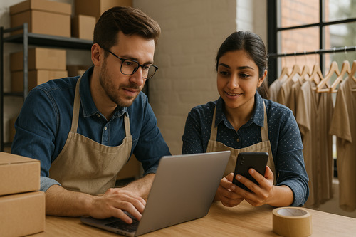Young man and woman wearing aprons working together in a small business office, using a laptop and smartphone surrounded by packaging boxes and hanging clothes.