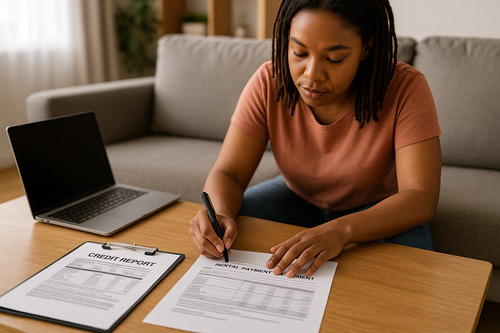 A woman sitting on a sofa signs a rental payment document at a wooden table with a laptop and a credit report placed beside her.