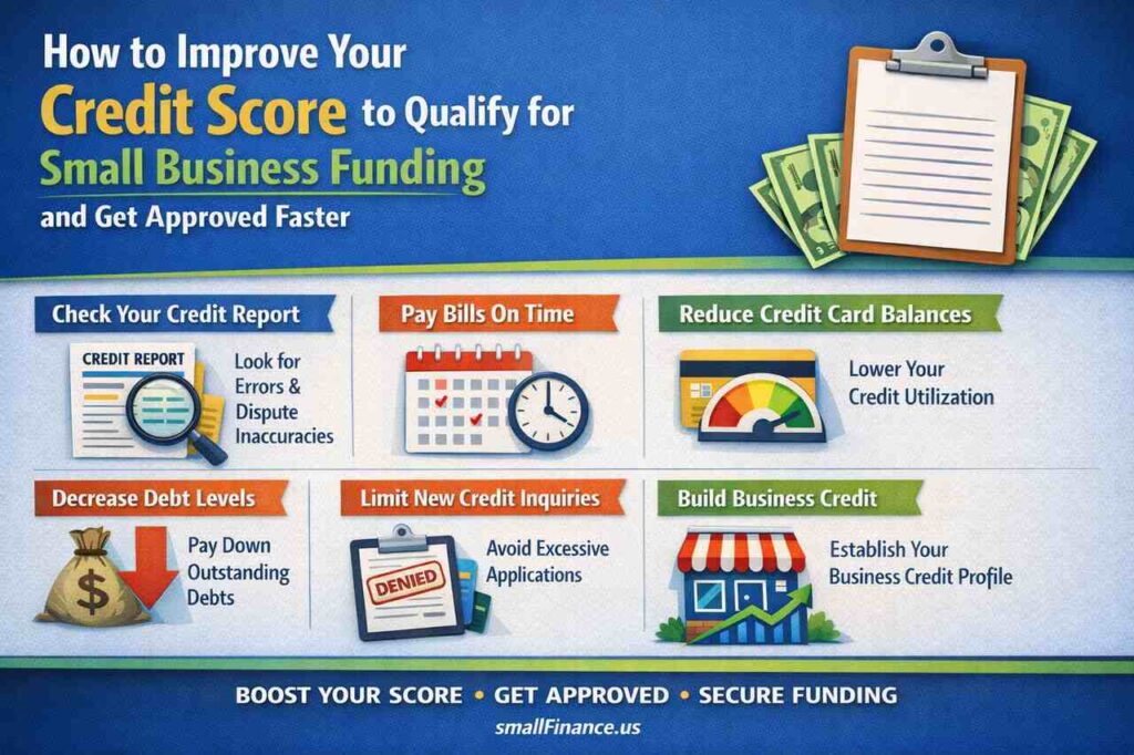 Infographic with tips to improve credit score for small business funding approval.