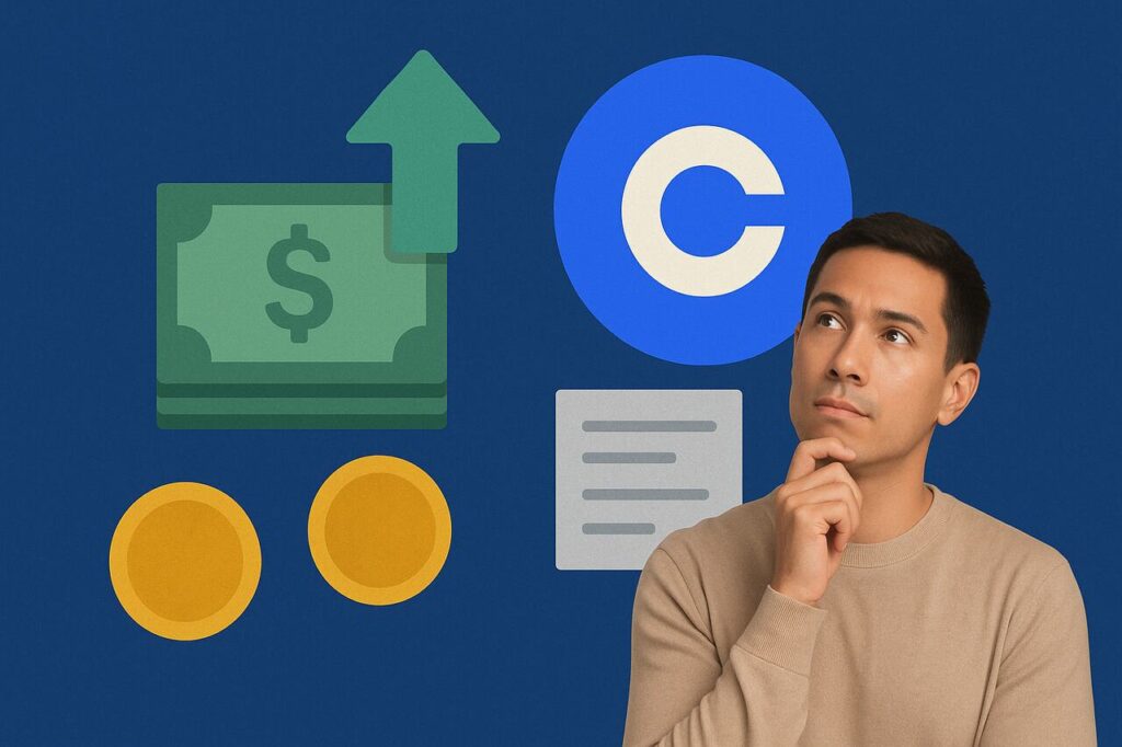 Thoughtful man looking at Coinbase financial icons representing increasing limits.