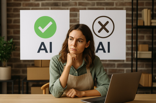 Thoughtful small business owner sitting at a desk with a laptop, considering the benefits and limitations of AI, with positive and negative AI symbols displayed behind her.