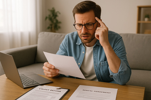 A man sitting on a sofa reviews a document with a confused expression while a laptop and rental paperwork rest on the table in front of him.