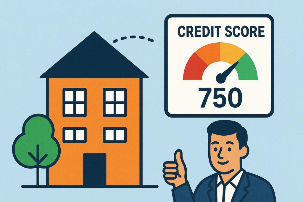 Building Tenant Accountability: How Credit Reporting Transforms Small Business Landlording Landlord beside rental building with thumbs-up and a 750 credit score display.
