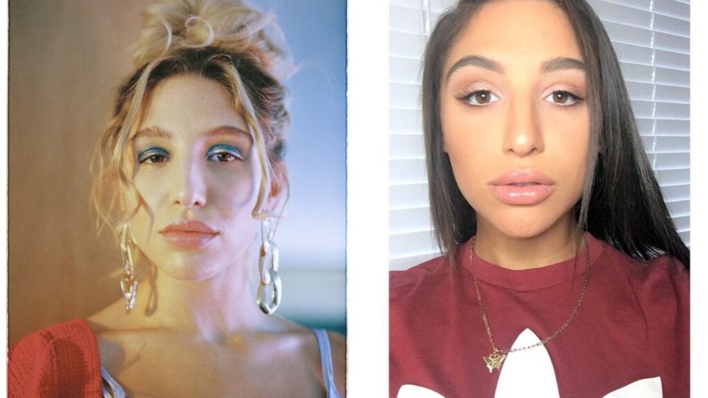 Side-by-side comparison of two portrait photos showing a woman with different makeup styles and hairstyles, highlighting changes in lighting, expression, and overall appearance.