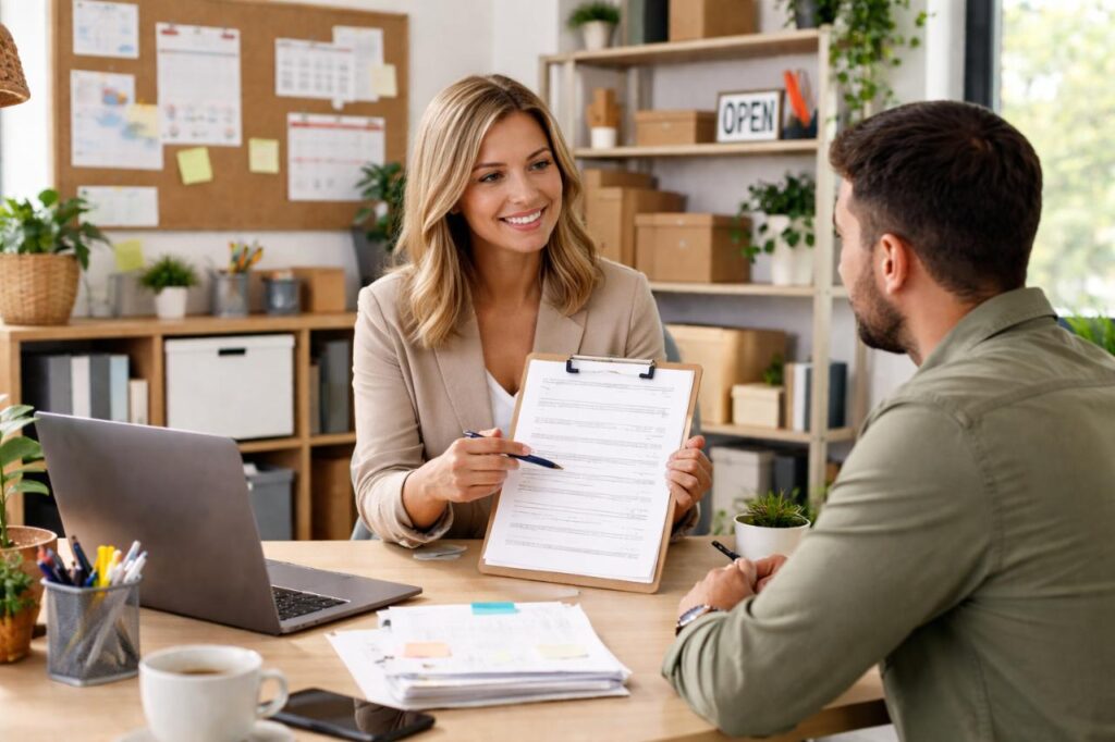 Advisor helping client with business license application in office.