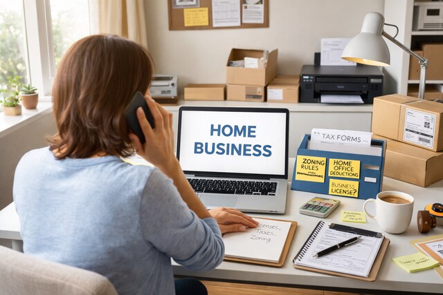 Home-based business owner working at a desk with a laptop, phone, business documents, and shipping supplies