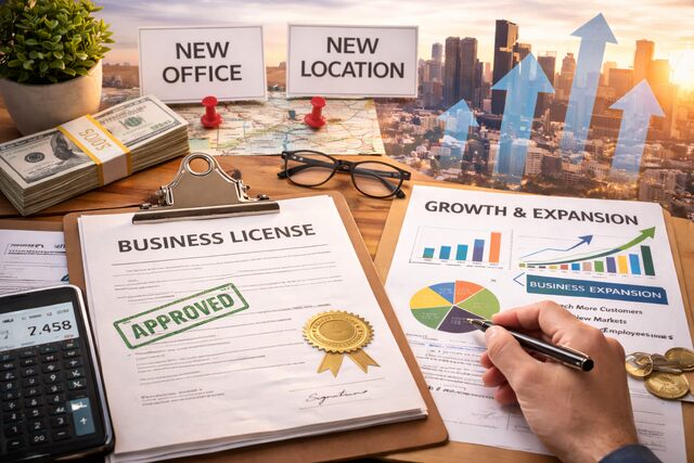 Business license approval with growth charts and city skyline symbolizing business expansion