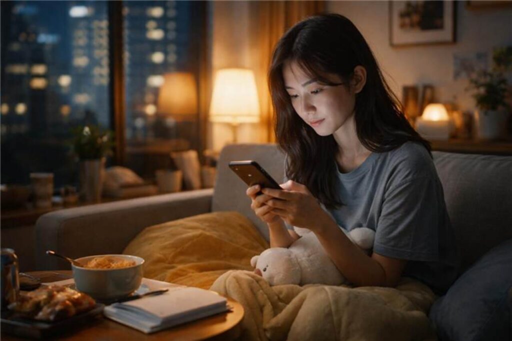 Gen Z woman using phone alone in a cozy city apartment at night.