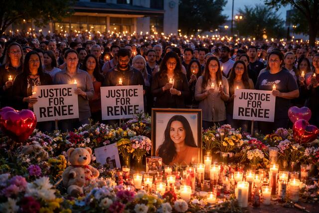 Candlelight vigil for Renee Good with people holding candles and flowers around a memorial.