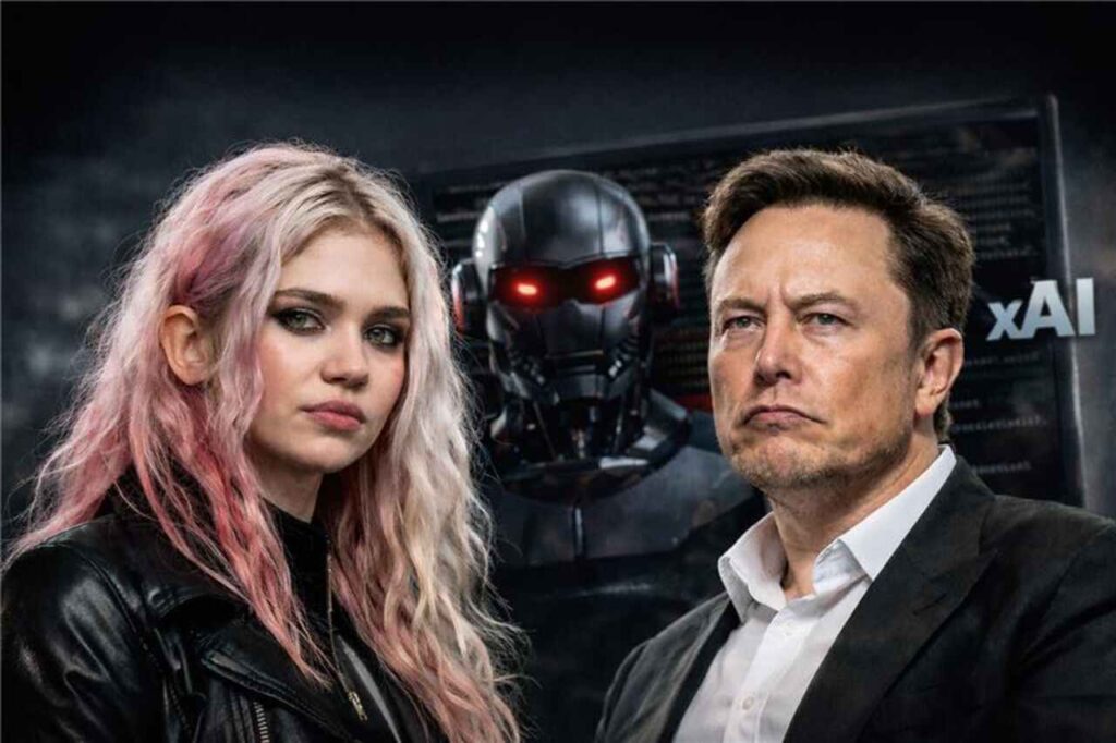 Grimes and Elon Musk with AI robot in lawsuit context over likeness rights.