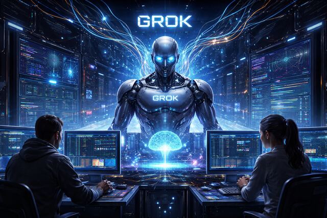 A humanoid AI stands in a futuristic control room as two researchers work at glowing computer screens.