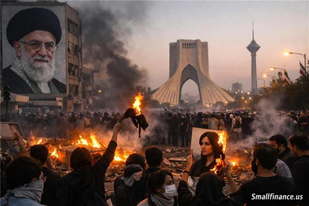 US Blamed for Iran Protests by Supreme Leader Amid Rising Death Toll Iranian protesters clash with riot police near Azadi Tower amid fires and unrest.