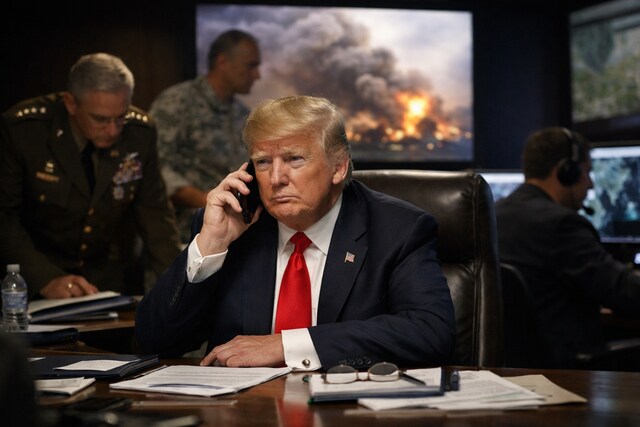 Donald Trump speaks on a phone in a crisis room as military staff work behind him and a screen shows an explosion.