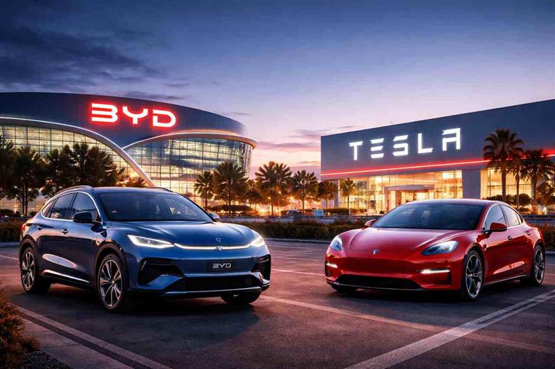China’s BYD poised to overtake Tesla as world’s top EV seller for the first time BYD SUV and Tesla Model 3 in front of EV factories at dusk