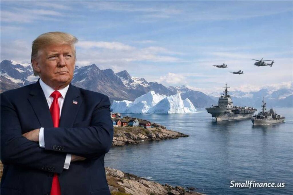 Trump with NATO ships and jets in Greenland Arctic landscape