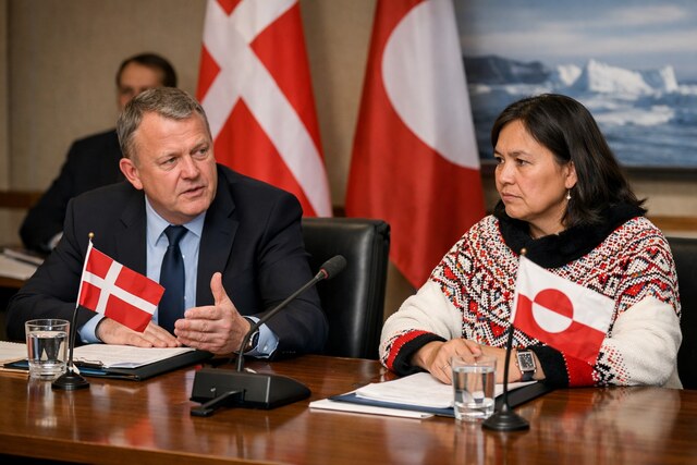 Danish and Greenlandic officials sit at a conference table in discussion, with Denmark and Greenland flags displayed behind them in a formal meeting room.
