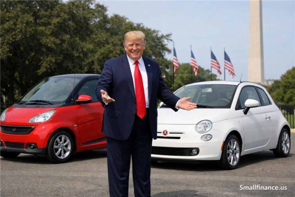 Trump Praises Tiny Cars: American Consumers Shift Vehicle Trump with small cars in front of U.S. flags and Washington Monument