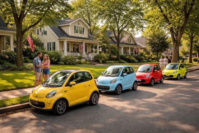 Colorful tiny cars parked on a sunny American suburban street with houses and trees.