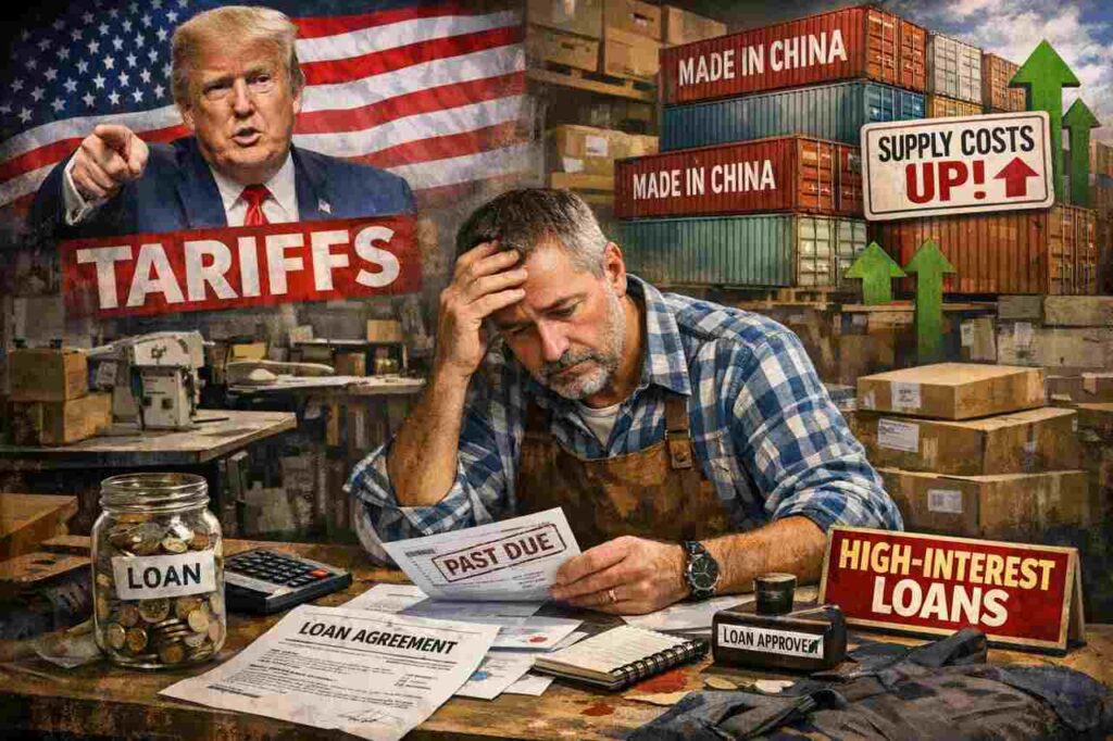 Trump Tariffs Drive Small Businesses to High-Interest Loans Amid Supply Chain and Manufacturing Cost Surge Small business owner overwhelmed by costs due to Trump tariffs and high-interest loans.
