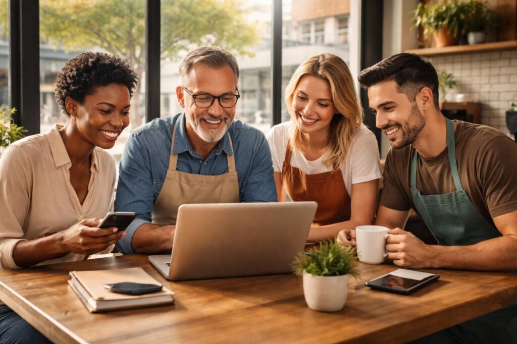 Trusted Online Banks Serving Small Business Owners Across the US Small business owners using laptop and phone for online banking in a café setting.