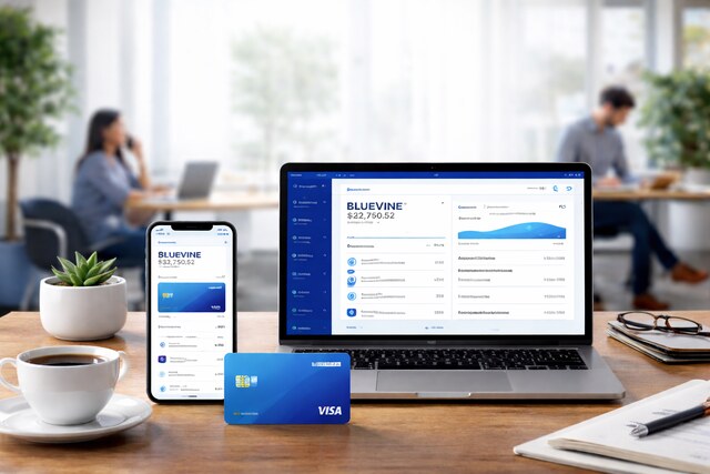 Modern business banking setup with laptop, smartphone, and debit card on a desk.