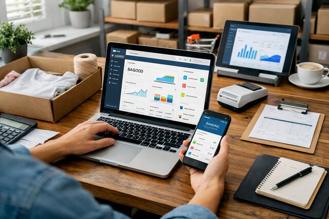 Modern business owner using digital tools for online banking.