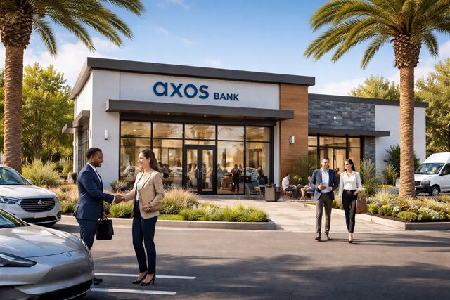Axos Bank building with professionals outside discussing business