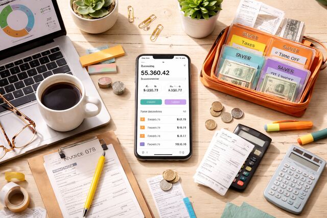 Freelancer workspace with Lili app, savings envelopes, and tax tracking tools.