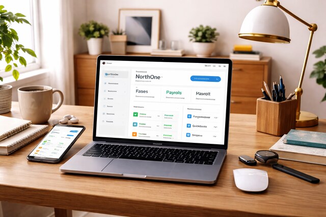 NorthOne banking app on laptop and phone with budgeting and integrations visible.