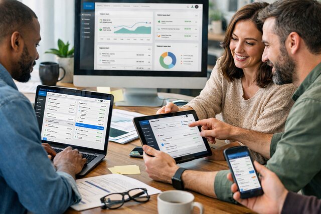 Team managing shared business finances using digital banking platform