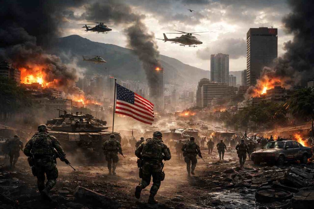 Trump Military Operation in Venezuela Sparks Global Crisis and Geopolitical Shake‑Up US troops and tanks invade burning city during Venezuela operation.