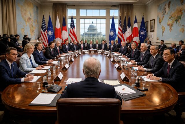 High-level international leaders meeting around a large conference table in Washington, D.C., with U.S. Capitol visible through the window.