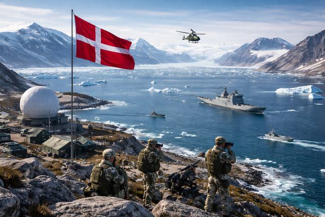 Danish military forces monitoring Greenland’s icy coastline, with naval ships, a helicopter, and radar installations set against Arctic mountains and glaciers.